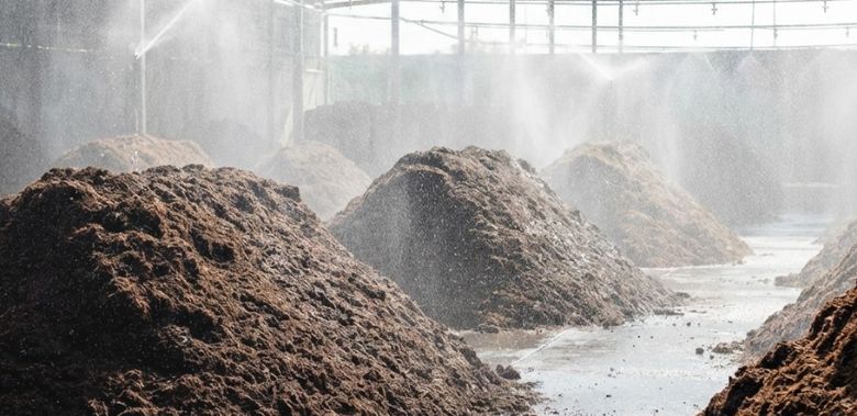 Heaps of loose coco peat being kept moist under sprinklers